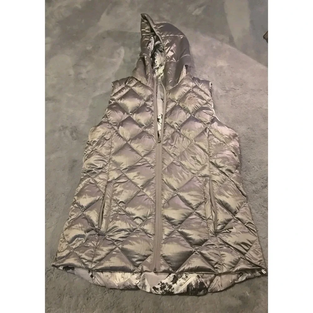 GERRY Reversible Puffer Vest Women's Large L Gray Black Abstract Hooded Packable
